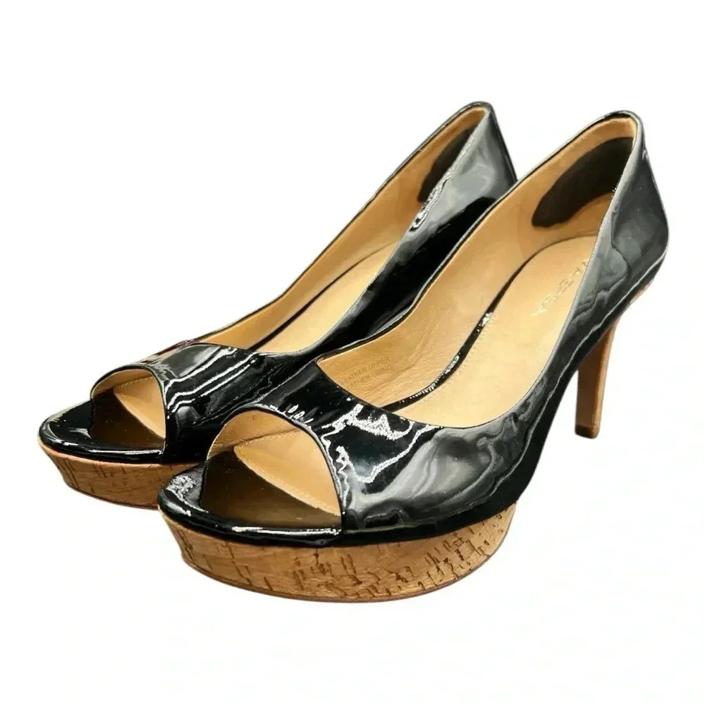 Via Spiga -  Black Patent Leather Peep Toe Heels, size 8